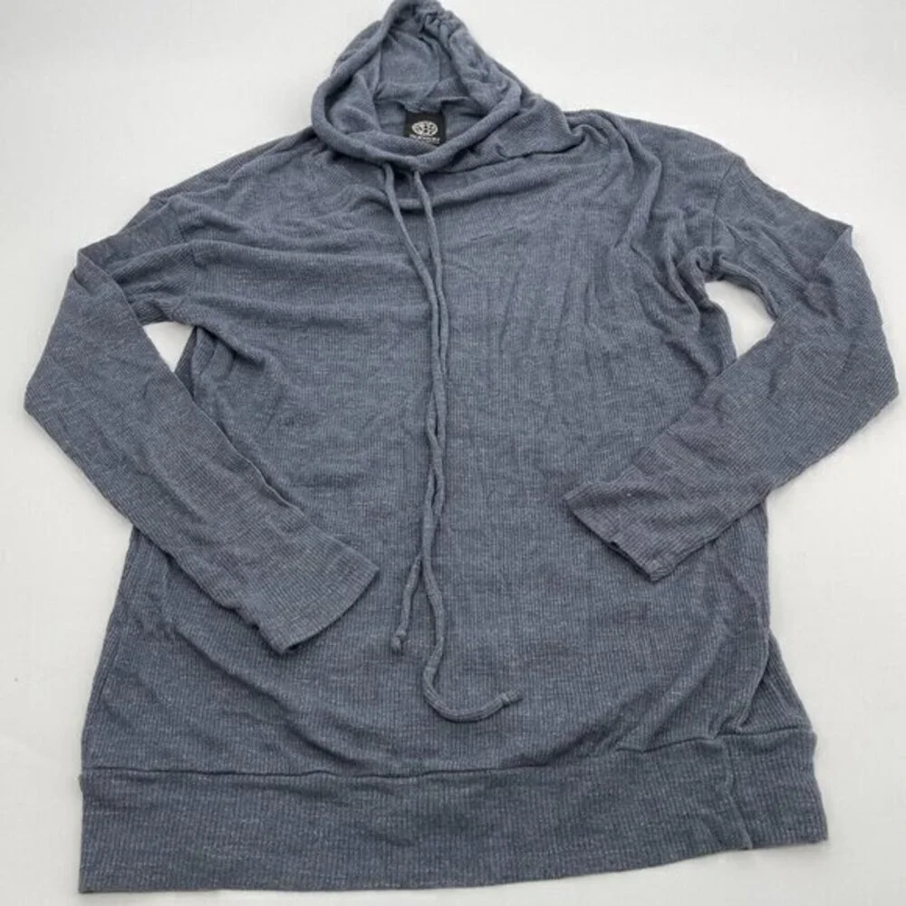 Bobeau Top XS Womens Gray Blue Lightweight Hooded Knit Casual Drawstring Stretch